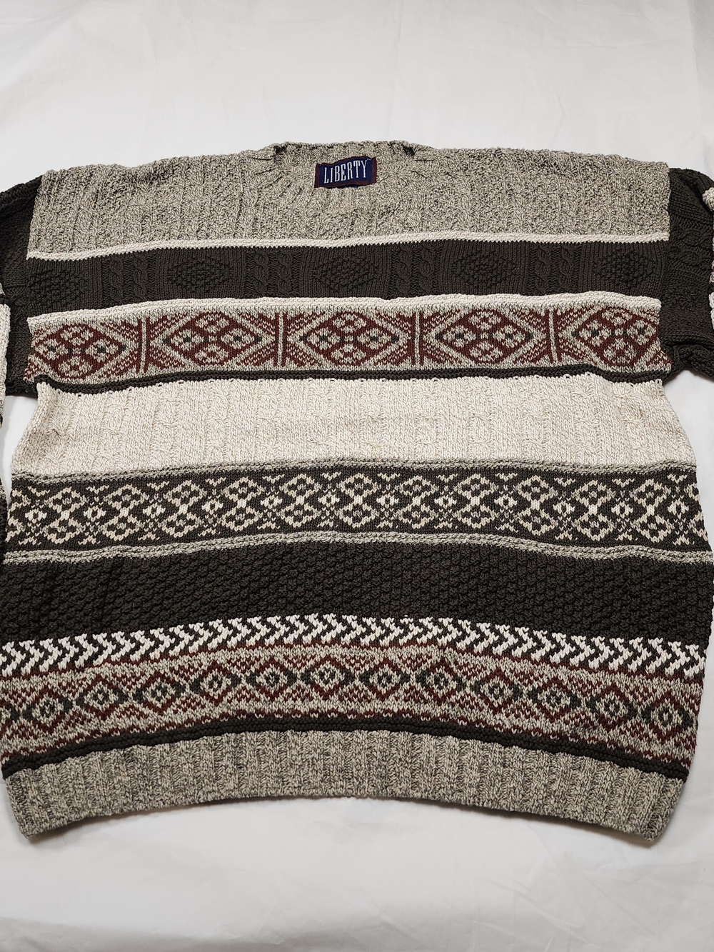 Liberty Crewneck Sweater in Brown, Cream and Maroon Pattern